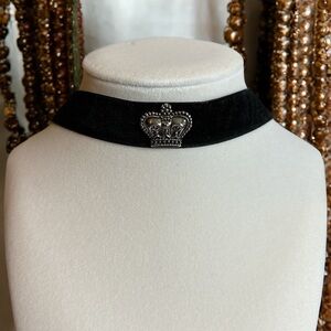 Black Velvet Choker With Silver Tone Crown Embellishment and Charm. 3/4”W 14”L
